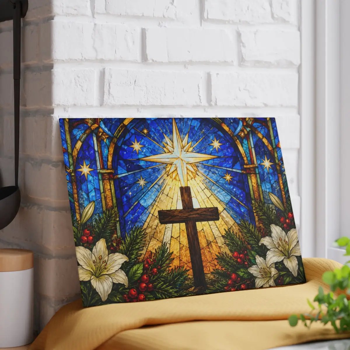 Christian Cross Glass Cutting Board, Stained Glass Christmas Decor, Religious Kitchen Gift, Star of Bethlehem Christian Gift