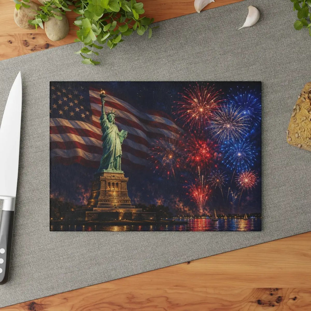 Statue of Liberty Cutting Board, American Flag Glass Cutting Board, 4th of July Kitchen Decor, Patriotic Gift, Americana Decor