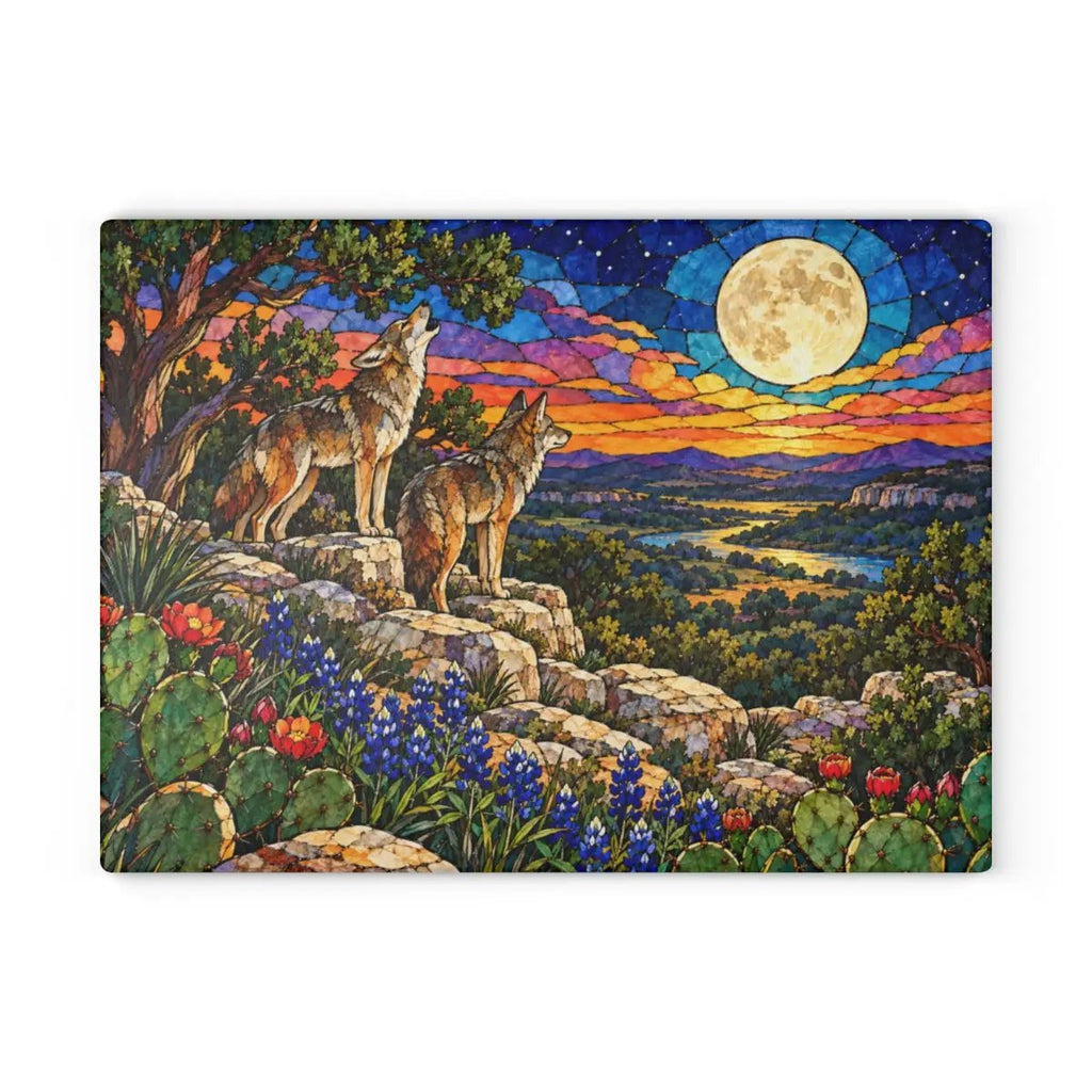 Texas Coyote Glass Cutting Board, Call of the Wild Moonlight Decor, Bluebonnet Kitchen Art, Western Wildlife Gift, Texas Kitchen Decor