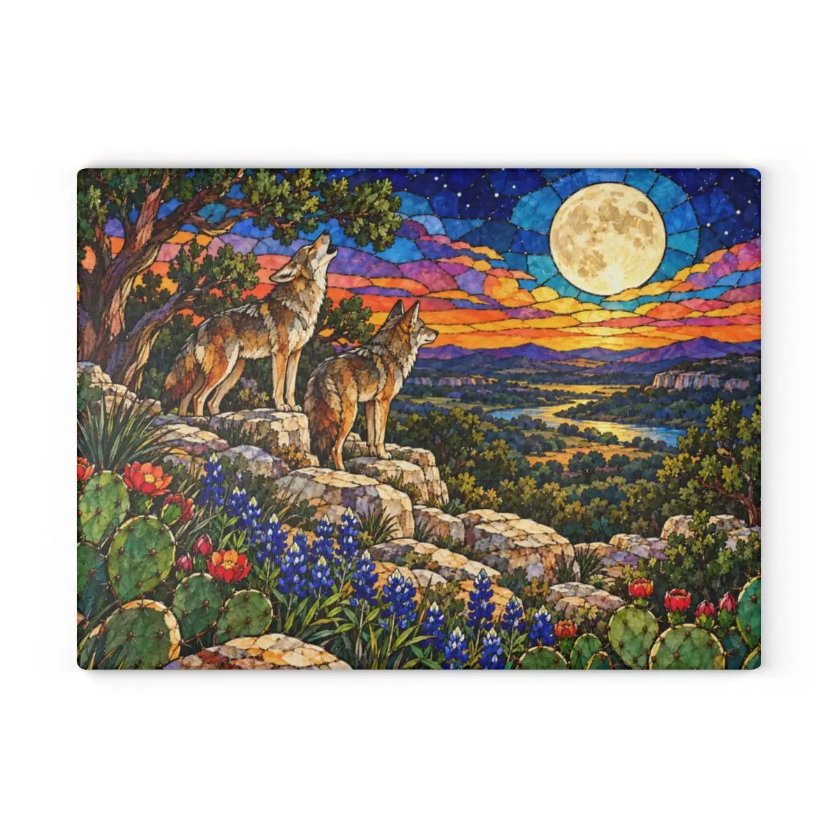 Texas Coyote Glass Cutting Board, Call of the Wild Moonlight Decor, Bluebonnet Kitchen Art, Western Wildlife Gift, Texas Kitchen Decor