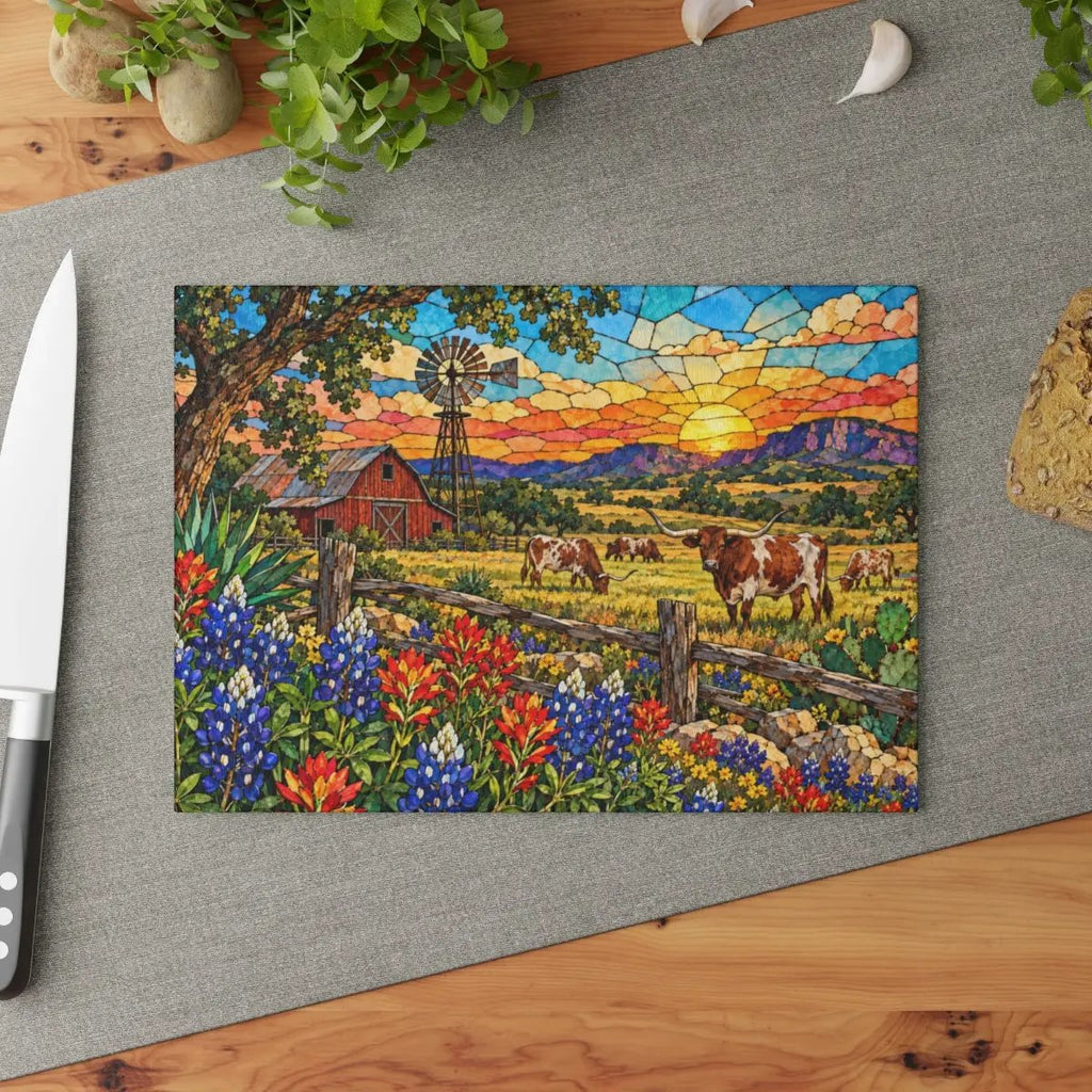 Texas Longhorn Glass Cutting Board, Bluebonnet Ranch Kitchen Decor, Western Farmhouse Gift, Texas Country Decor, Longhorn Cattle Art