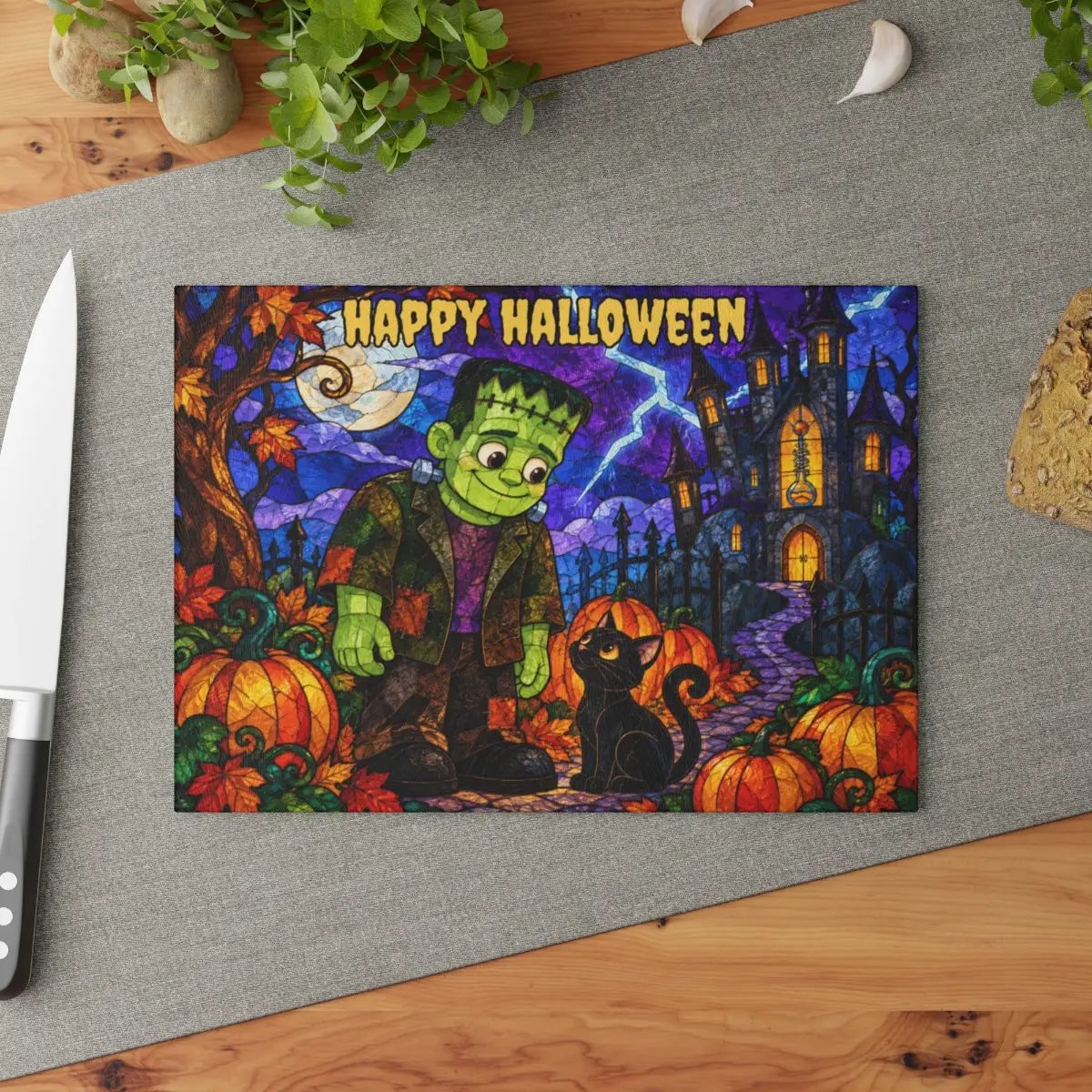 Halloween Monster Personalized Glass Cutting Board, Frankenstein Inspired Kitchen Decor
