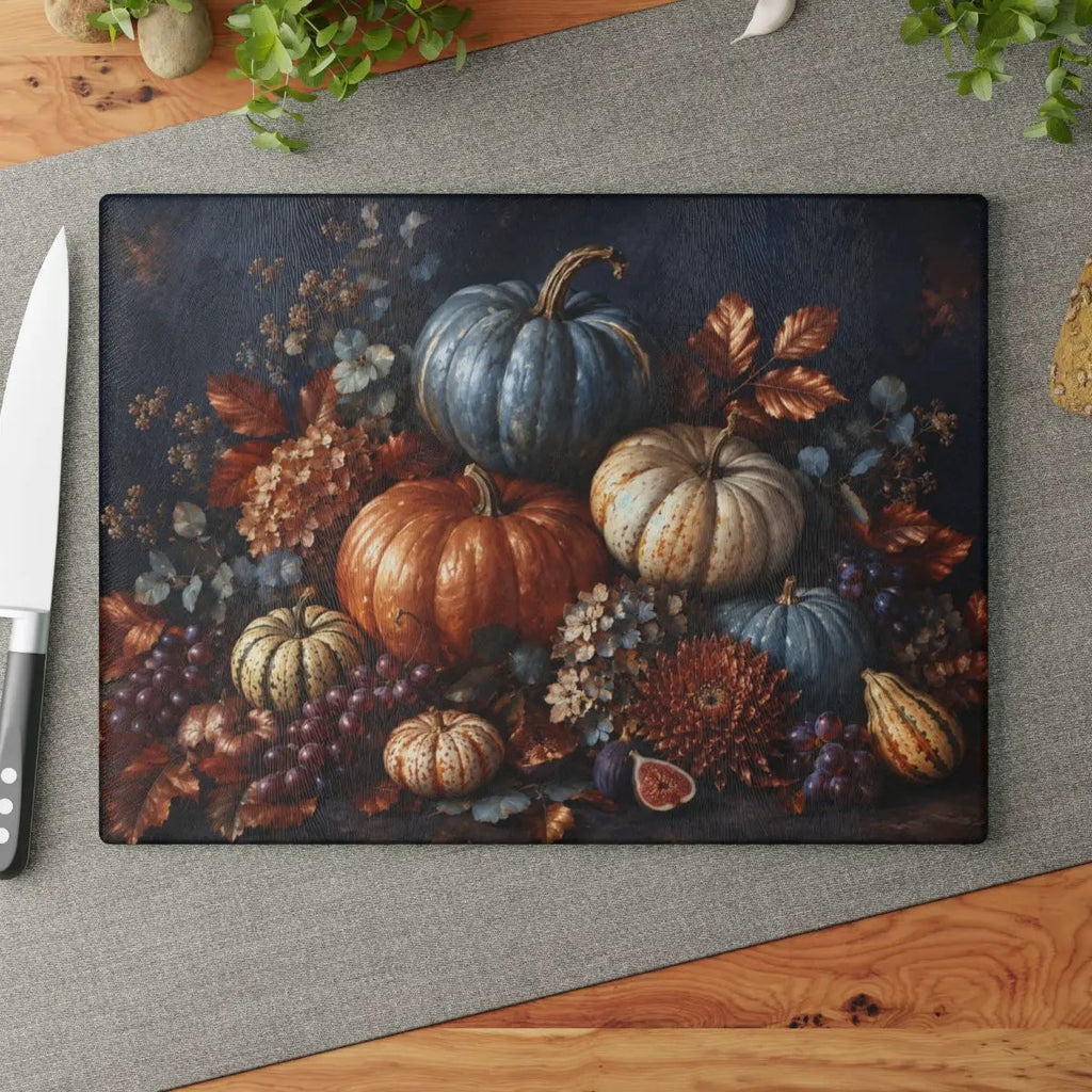 Blue Pumpkin Glass Cutting Board, Elegant Fall Kitchen Decor, Autumn Harvest Cutting Board, Thanksgiving Kitchen Gift