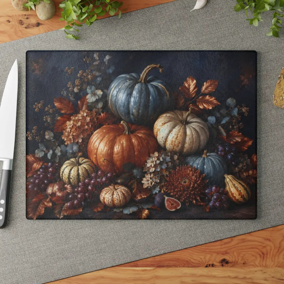 Blue Pumpkin Glass Cutting Board, Elegant Fall Kitchen Decor, Autumn Harvest Cutting Board, Thanksgiving Kitchen Gift