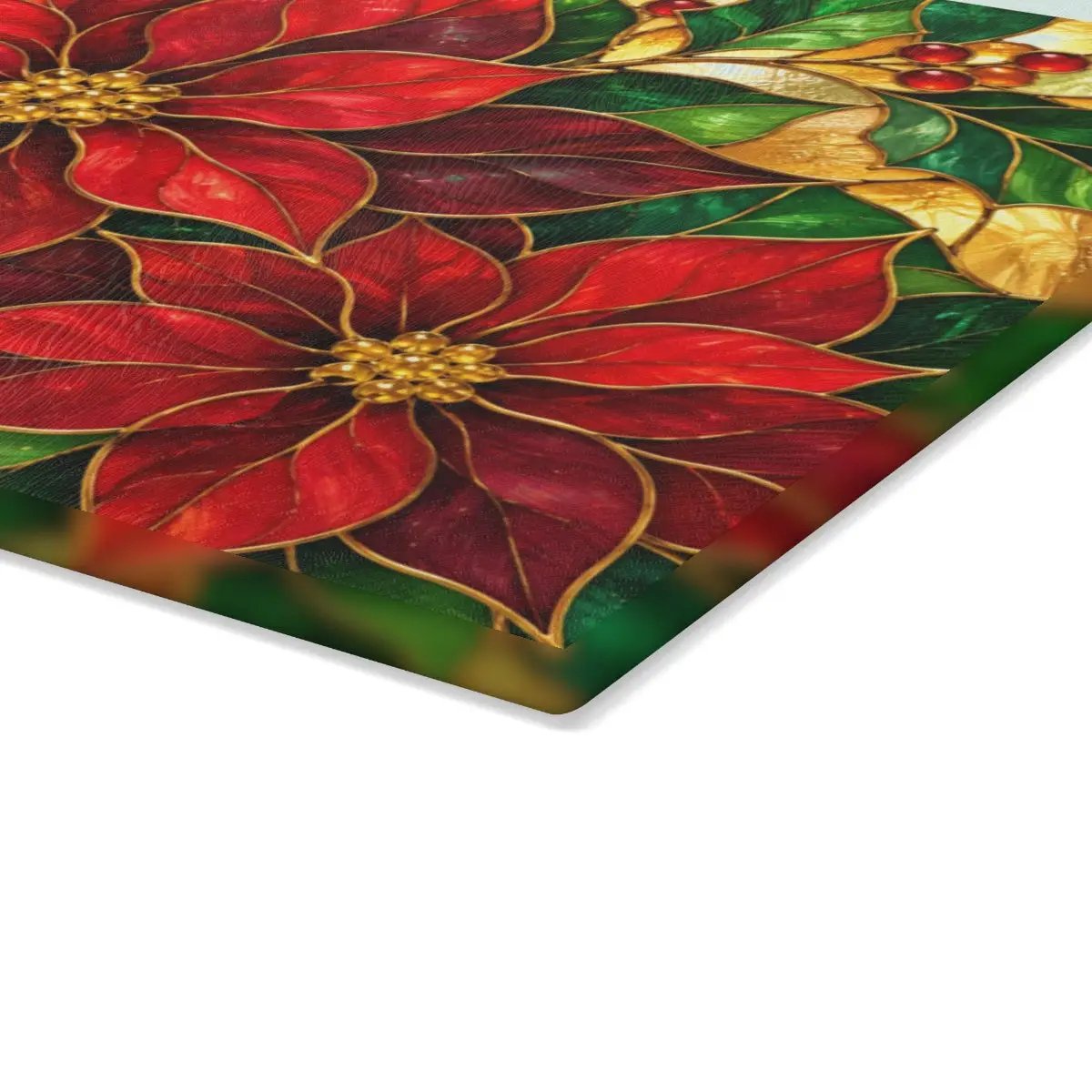 Christmas Poinsettia Glass Cutting Board, Holiday Kitchen Decor, Red Poinsettias and Holly, Festive Chopping Board, Seasonal Gift Idea