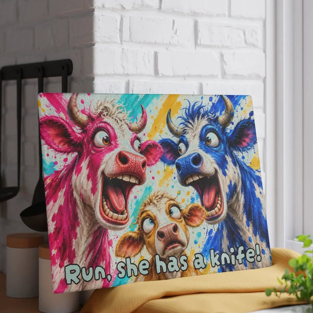 Funny Cow Family Cutting Board, Screaming Cow Kitchen Decor, Colorful Farmhouse Gift, Cow Lover Glass Cutting Board