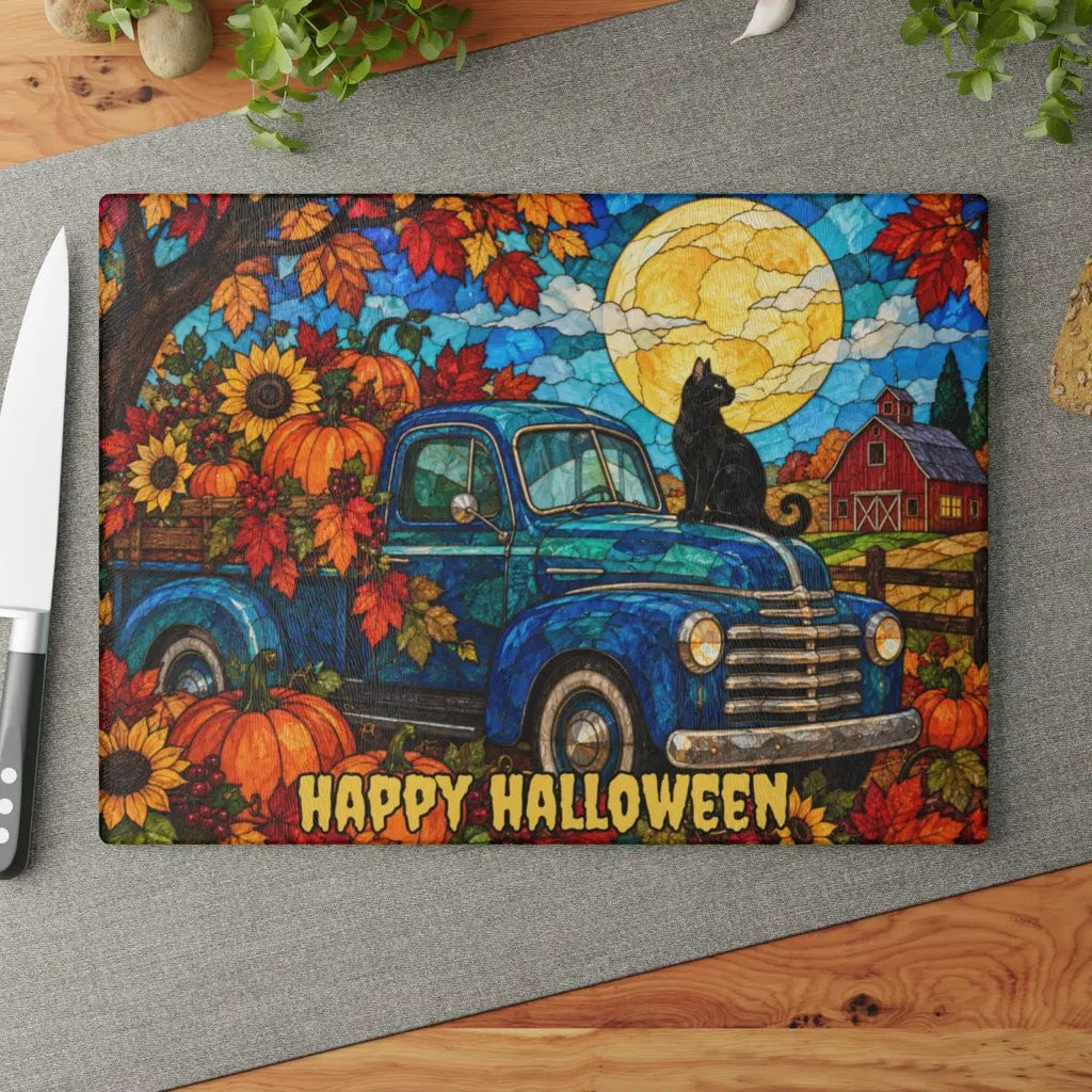 Halloween Fall Truck Personalized Glass Cutting Board, Spooky Pumpkin Kitchen Decor