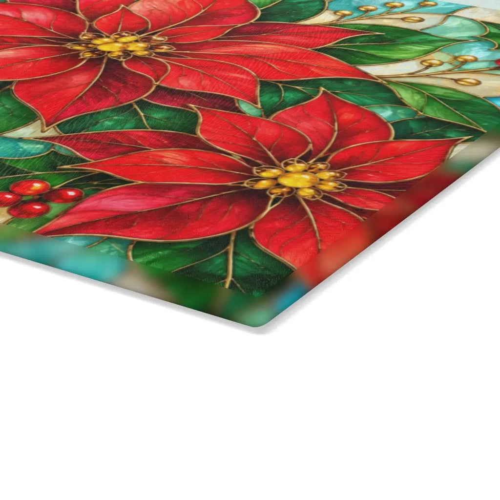 Christmas Poinsettia Glass Cutting Board, Holiday Holly Berry Kitchen Decor, Festive Red Floral Chopping Board, Seasonal Gift Idea