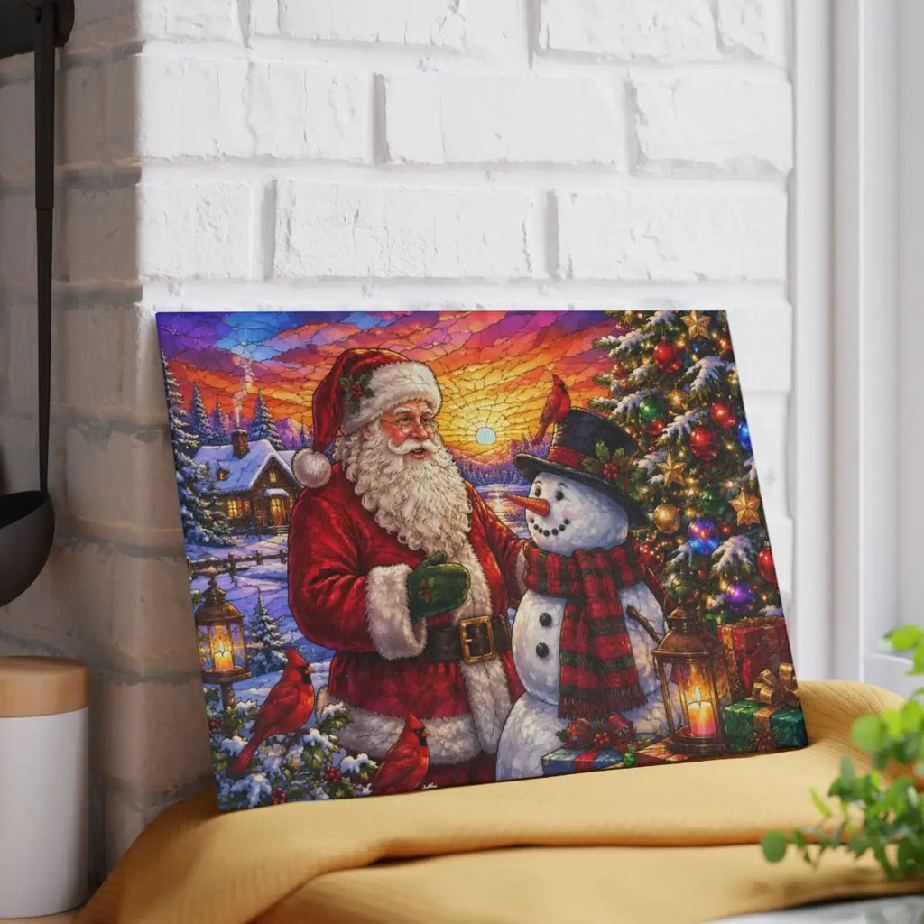 Santa and Snowman Glass Cutting Board, Christmas Kitchen Decor, Cardinal Holiday Gift, Stained Glass Christmas Serving Board, Santa Decor