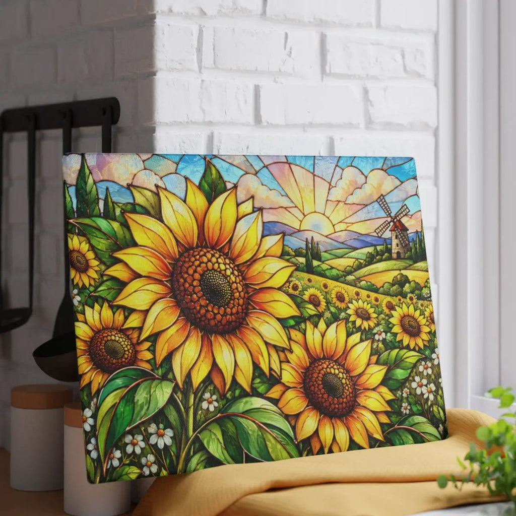 Sunflower Glass Cutting Board, Windmill Kitchen Decor, Sunflower Meadow Cutting Board, Country Floral Gift, Stained Glass Kitchen Art