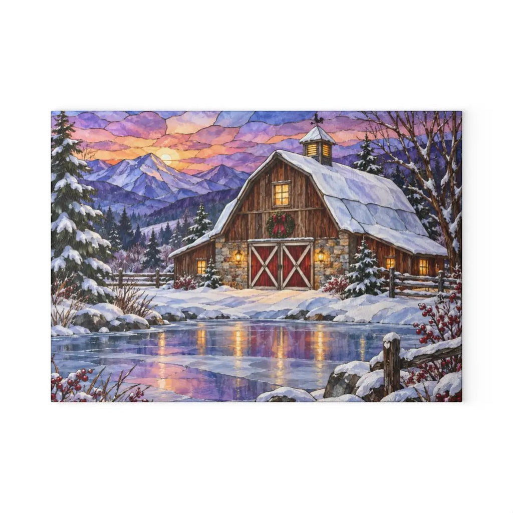 Personalized Winter Barn Cutting Board, Country Farmhouse Kitchen Decor, Stained Glass Farm Scene, Rustic Christmas Gift, Custom Family Gift