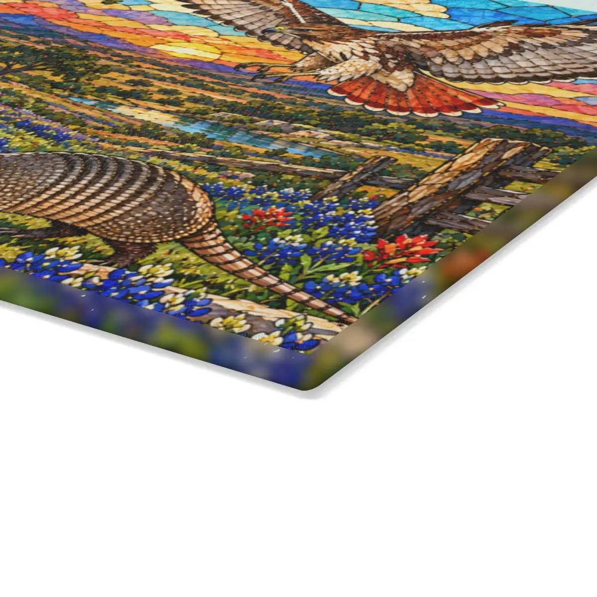 Texas Wildlife Glass Cutting Board, Roadrunner, Armadillo, Hawk Art, Bluebonnet Kitchen Decor, Hill Country Gift, Texas Wildlife Decor