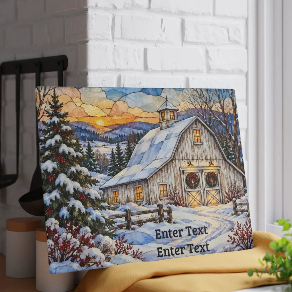 White Barn Glass Cutting Board, Christmas Farmhouse Decor, Winter Country Kitchen, Rustic Holiday Gift, Snowy Barn Christmas Decor