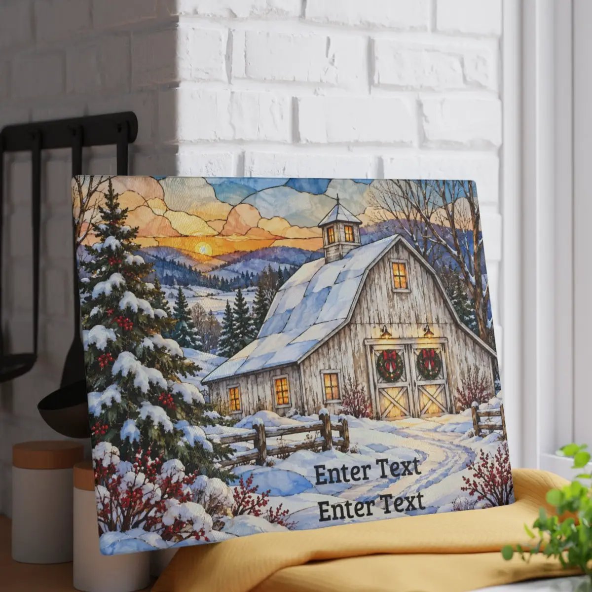 White Barn Glass Cutting Board, Christmas Farmhouse Decor, Winter Country Kitchen, Rustic Holiday Gift, Snowy Barn Christmas Decor
