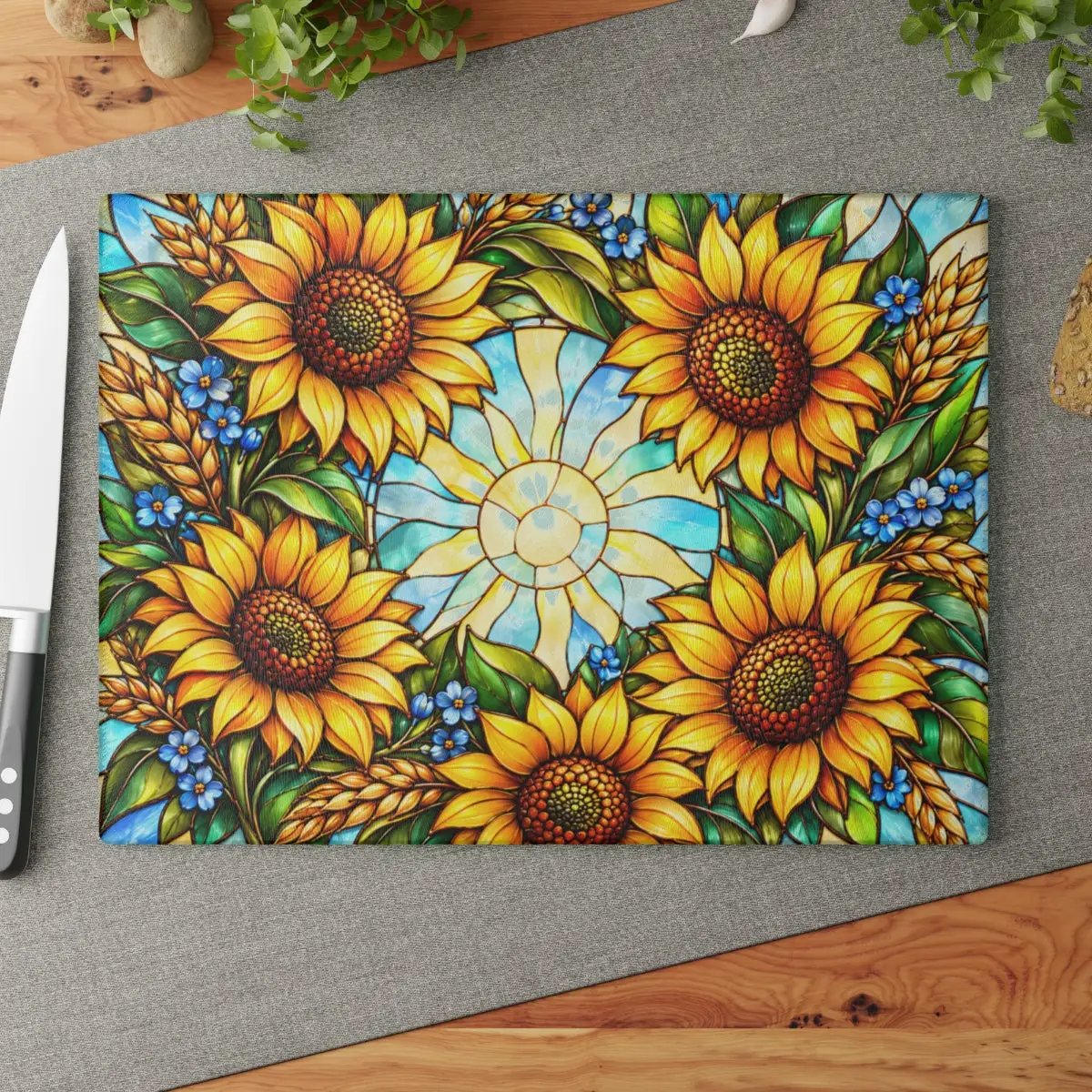 Sunflower Glass Cutting Board, Stained Glass Sunflower Wreath, Floral Kitchen Decor, Yellow Flower Gift, Cheerful Kitchen Art