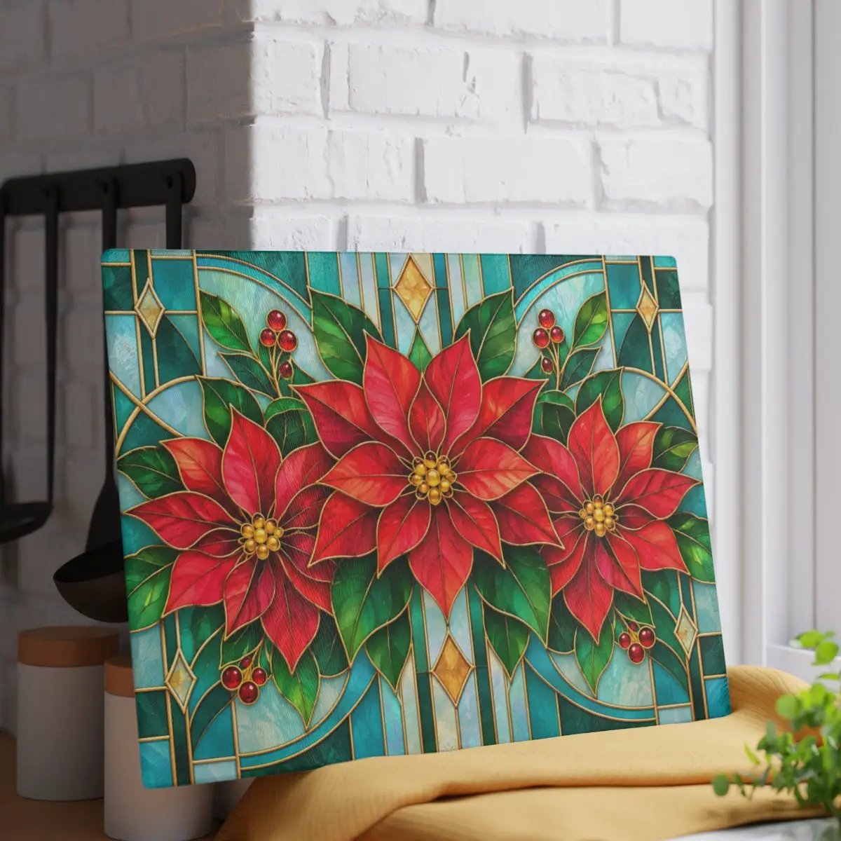 Christmas Poinsettia Glass Cutting Board, Stained Glass Floral Kitchen Decor, Holiday Serving Board, Festive Cooking Gift for Home Chefs