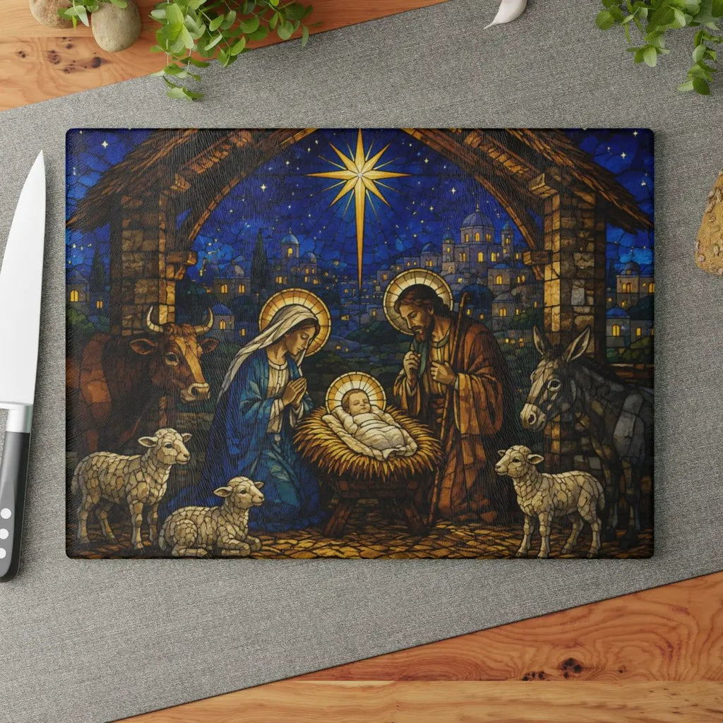 Nativity Glass Cutting Board, Stained Glass Christmas Decor, Holy Family Christian Kitchen Gift, Religious Christmas Cutting Board