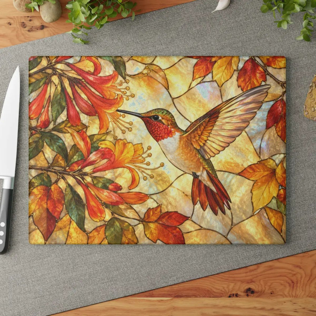Hummingbird Cutting Board, Stained Glass Hummingbird Decor, Autumn Floral Kitchen Decor, Bird Lover Gift, Fall Hostess Gift