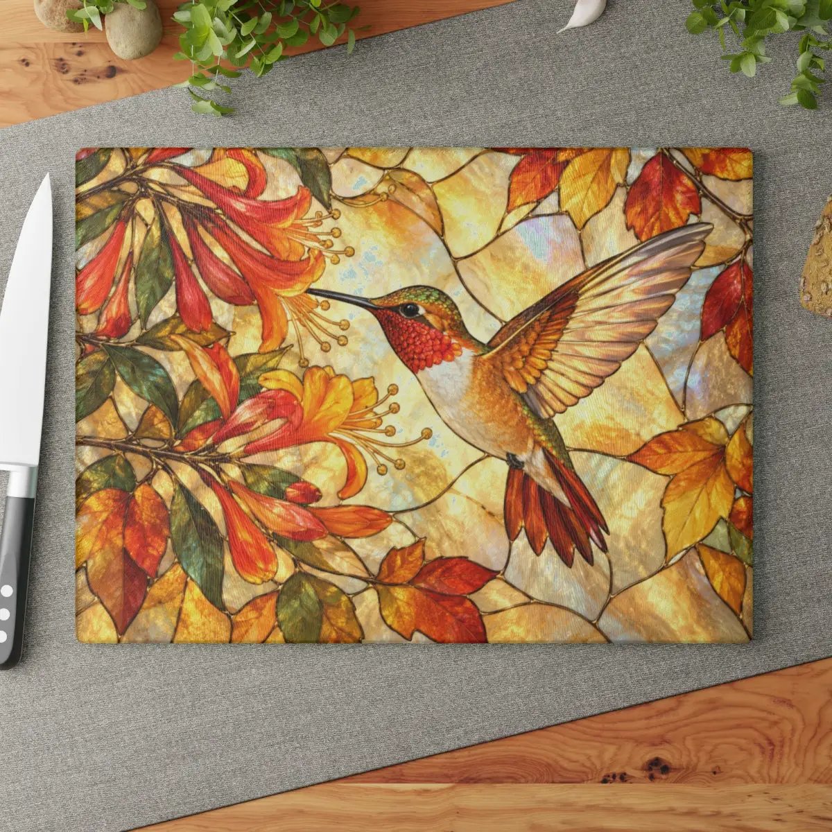 Hummingbird Cutting Board, Stained Glass Hummingbird Decor, Autumn Floral Kitchen Decor, Bird Lover Gift, Fall Hostess Gift