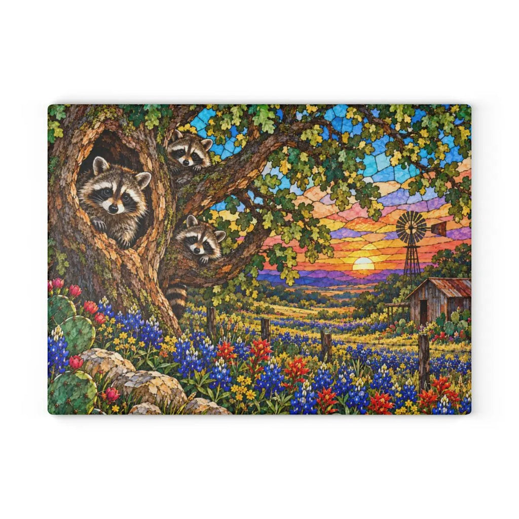 Raccoon Family Glass Cutting Board, Raccoon Lover Gift, Texas Bluebonnet Kitchen Decor, Country Wildlife Cutting Board, Rustic Farmhouse Gift