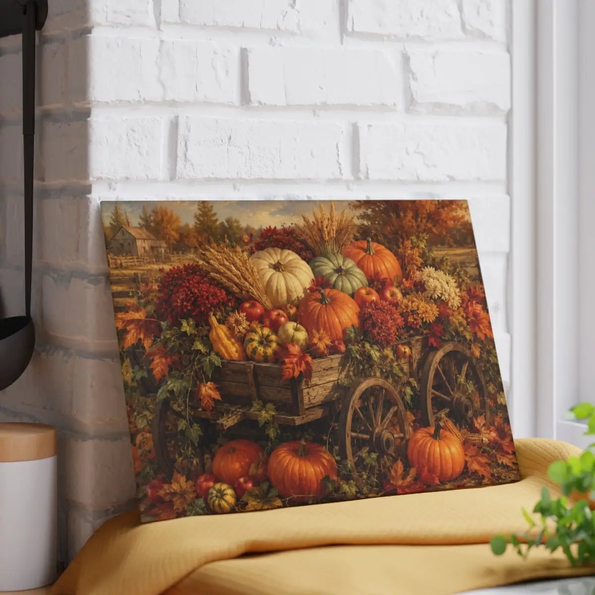 Fall Harvest Wagon Glass Cutting Board, Rustic Farmhouse Kitchen Decor, Pumpkin Cutting Board, Thanksgiving Gift