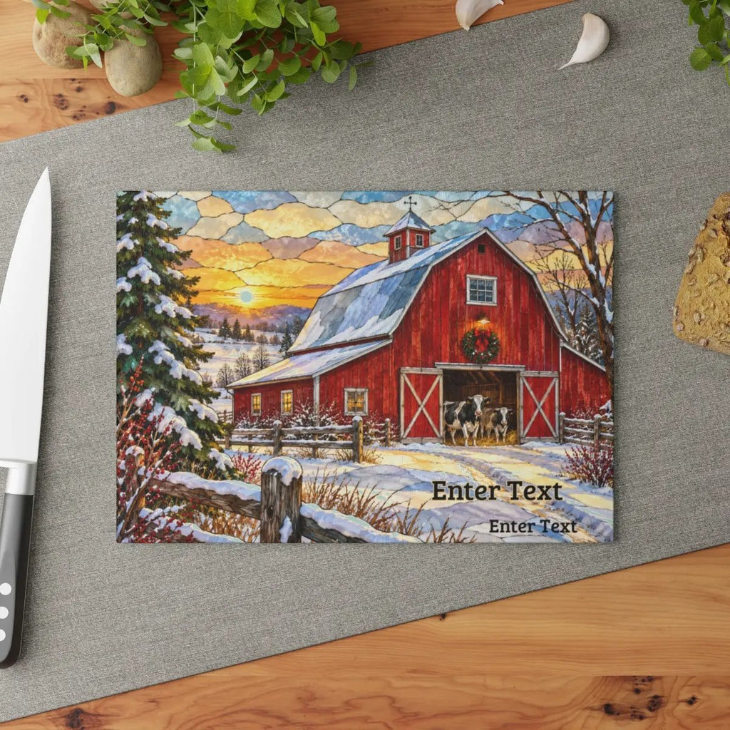 Christmas Red Barn Glass Cutting Board, Winter Farmhouse Decor, Cow Christmas Gift, Country Kitchen Decor, Farmhouse Holiday Gift