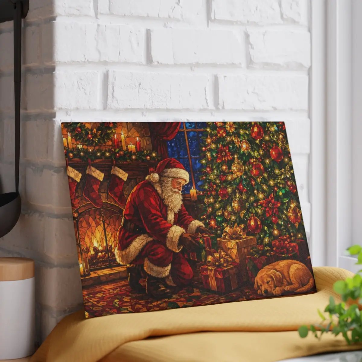 Santa Christmas Glass Cutting Board, Santa and Puppy Kitchen Decor, Christmas Eve Serving Board, Stained Glass Holiday Gift, Santa Decor