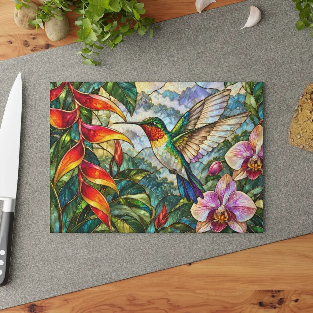 Hummingbird Cutting Board, Stained Glass Bird Decor, Tropical Orchid Kitchen Decor, Floral Hummingbird Gift, Nature Lover Gift