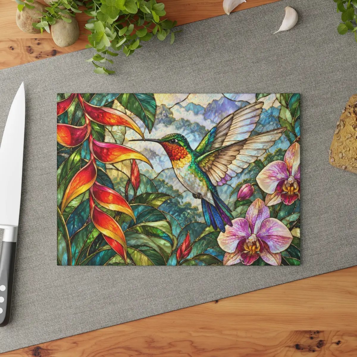 Hummingbird Cutting Board, Stained Glass Bird Decor, Tropical Orchid Kitchen Decor, Floral Hummingbird Gift, Nature Lover Gift