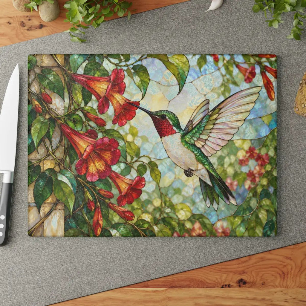 Hummingbird Cutting Board, Stained Glass Hummingbird Decor, Trumpet Vine Kitchen Decor, Bird Lover Gift, Garden Lover Gift
