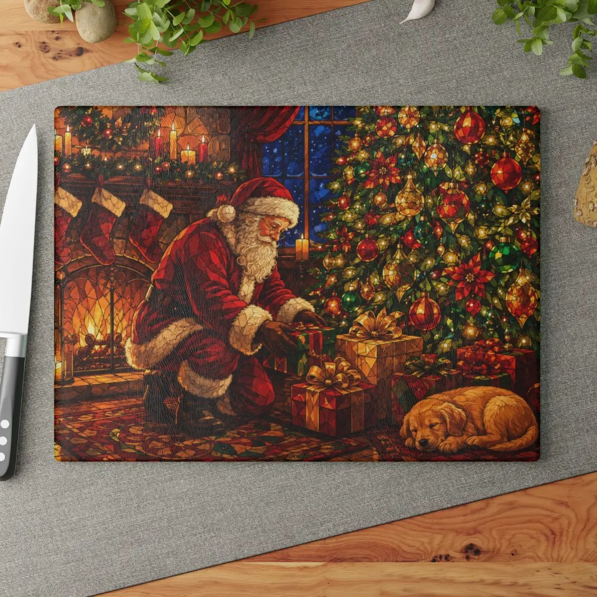 Santa Christmas Glass Cutting Board, Santa and Puppy Kitchen Decor, Christmas Eve Serving Board, Stained Glass Holiday Gift, Santa Decor