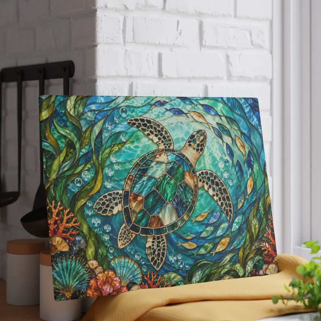 Sea Turtle Glass Cutting Board, Ocean Kitchen Decor, Coastal Serving Board, Underwater Sea Life Chopping Board, Beach House Gift Idea