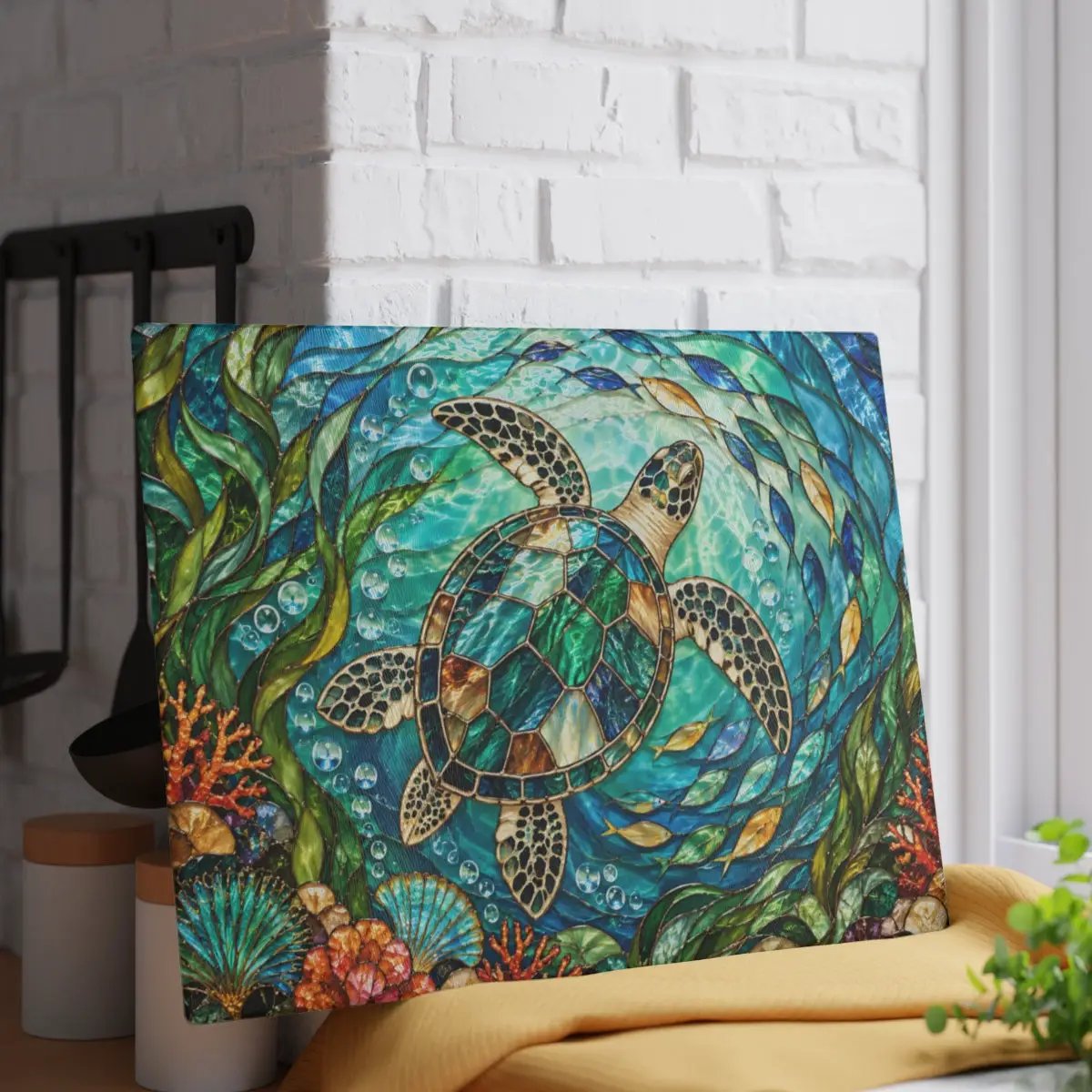 Sea Turtle Glass Cutting Board, Ocean Kitchen Decor, Coastal Serving Board, Underwater Sea Life Chopping Board, Beach House Gift Idea