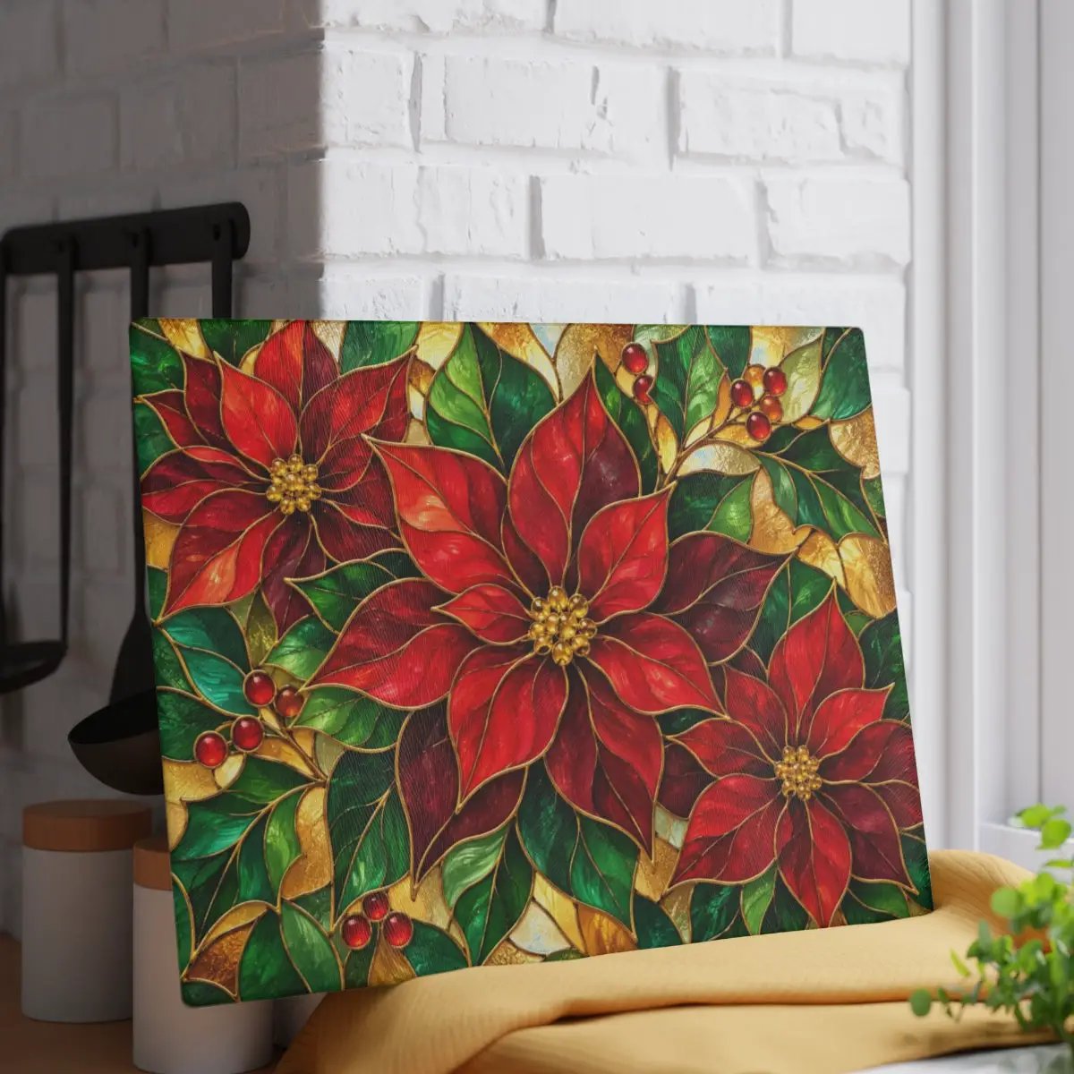 Christmas Poinsettia Glass Cutting Board, Holiday Kitchen Decor, Red Poinsettias and Holly, Festive Chopping Board, Seasonal Gift Idea