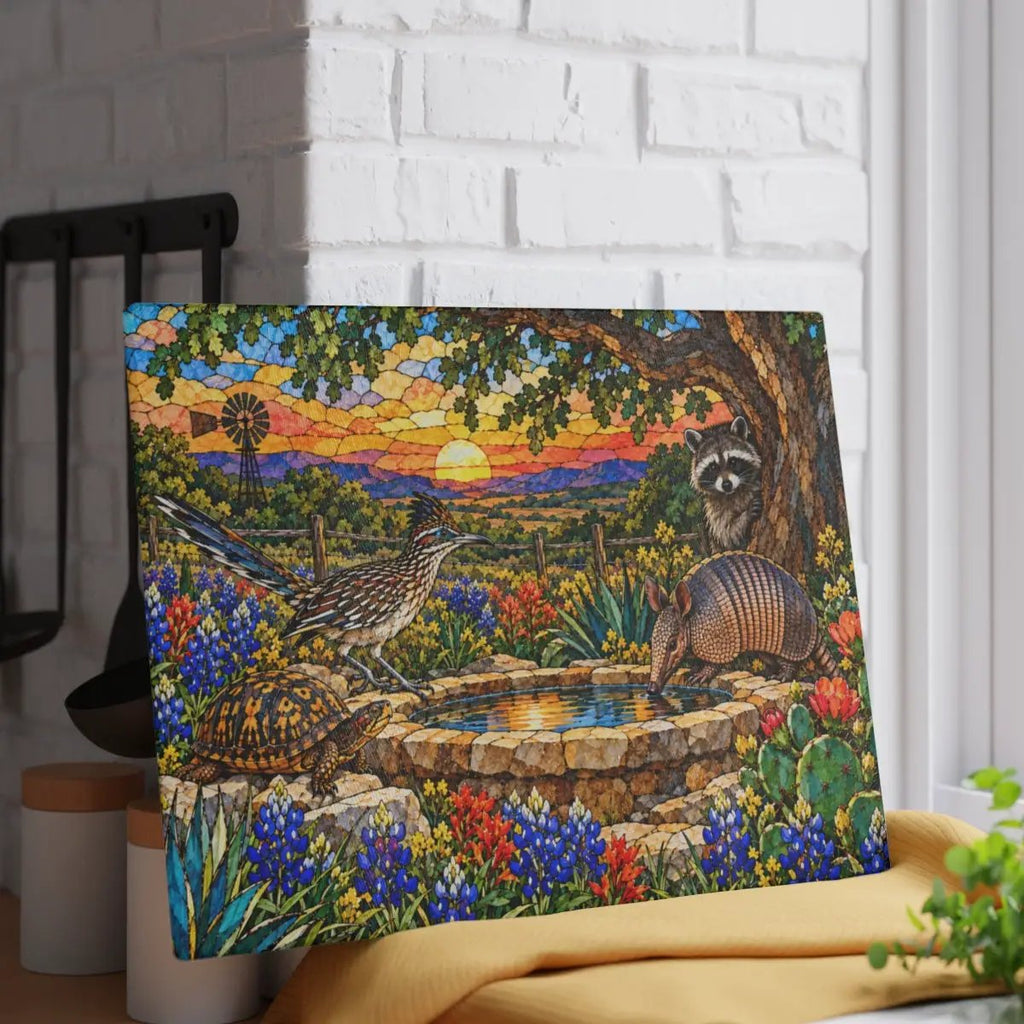Texas Wildlife Glass Cutting Board, Roadrunner Armadillo Raccoon Bluebonnet Kitchen Decor, Waterhole Texas Gift, Colorful Southwest Art