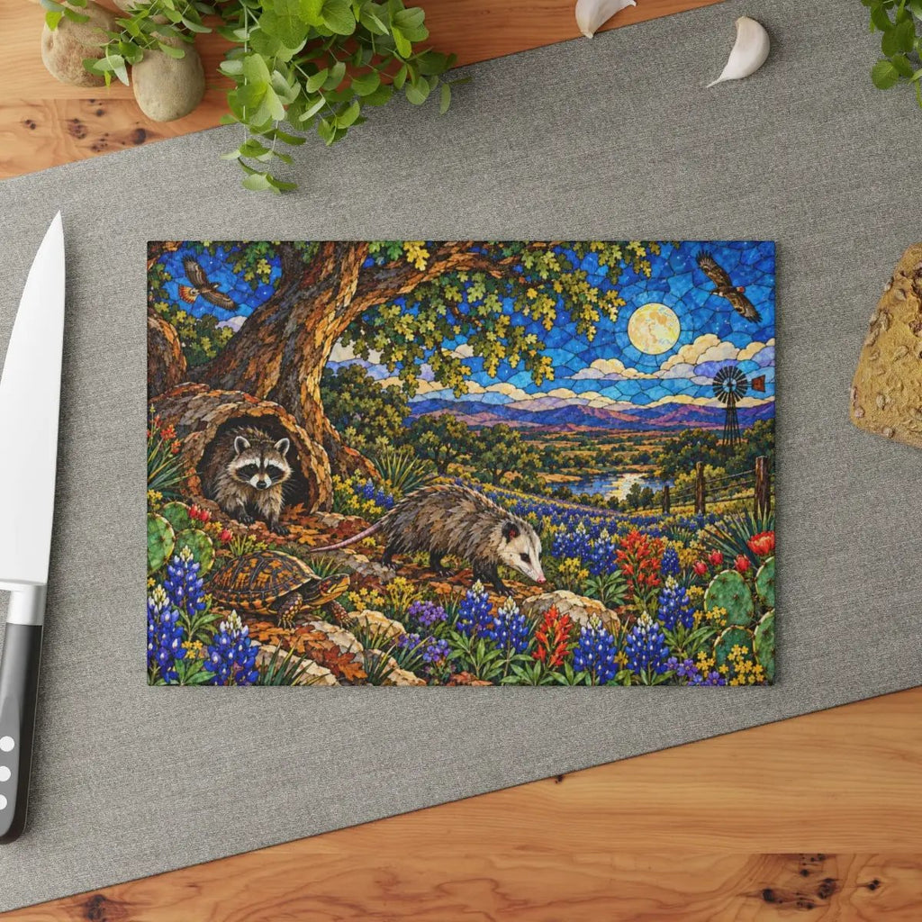Raccoon and Possum Glass Cutting Board, Texas Wildlife Kitchen Decor, Opossum Raccoon Gift, Bluebonnet Country Cutting Board