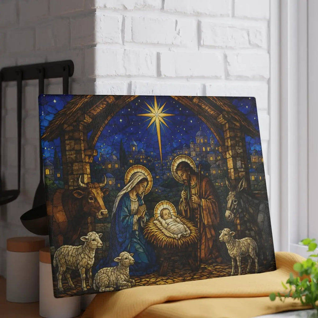 Nativity Glass Cutting Board, Stained Glass Christmas Decor, Holy Family Christian Kitchen Gift, Religious Christmas Cutting Board