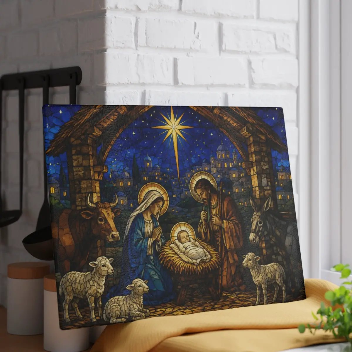 Nativity Glass Cutting Board, Stained Glass Christmas Decor, Holy Family Christian Kitchen Gift, Religious Christmas Cutting Board
