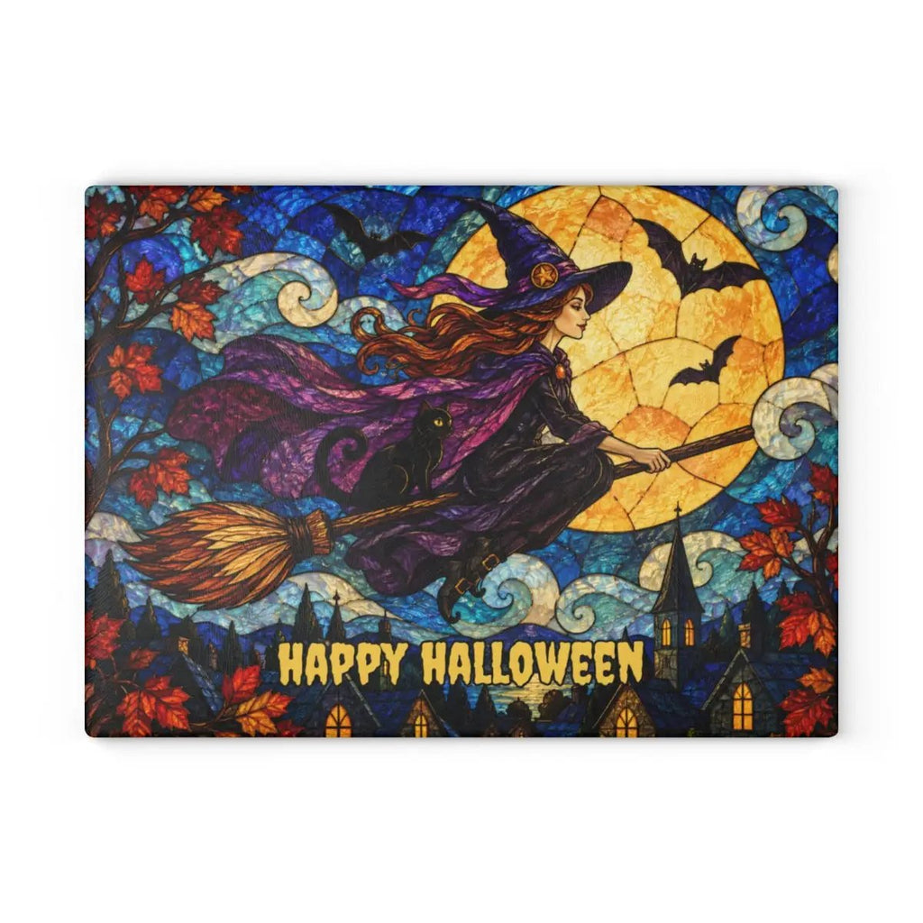 Halloween Flying Witch Personalized Glass Cutting Board, Spooky Pumpkin Kitchen Decor