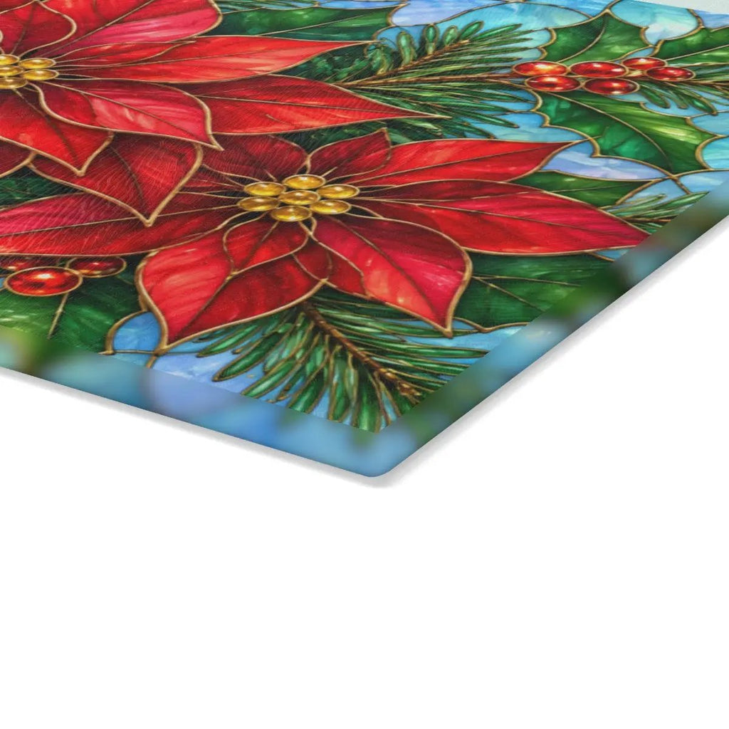 Christmas Poinsettia Glass Cutting Board, Evergreen Holiday Kitchen Decor, Red Floral Serving Board, Festive Winter Cooking Gift Idea