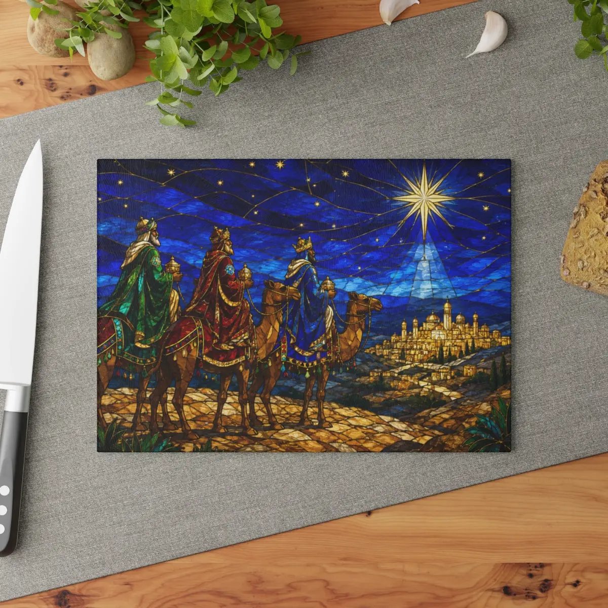 Three Wise Men Glass Cutting Board, Christian Christmas Gift, Magi Star of Bethlehem Decor, Religious Christmas, Stained Glass Art