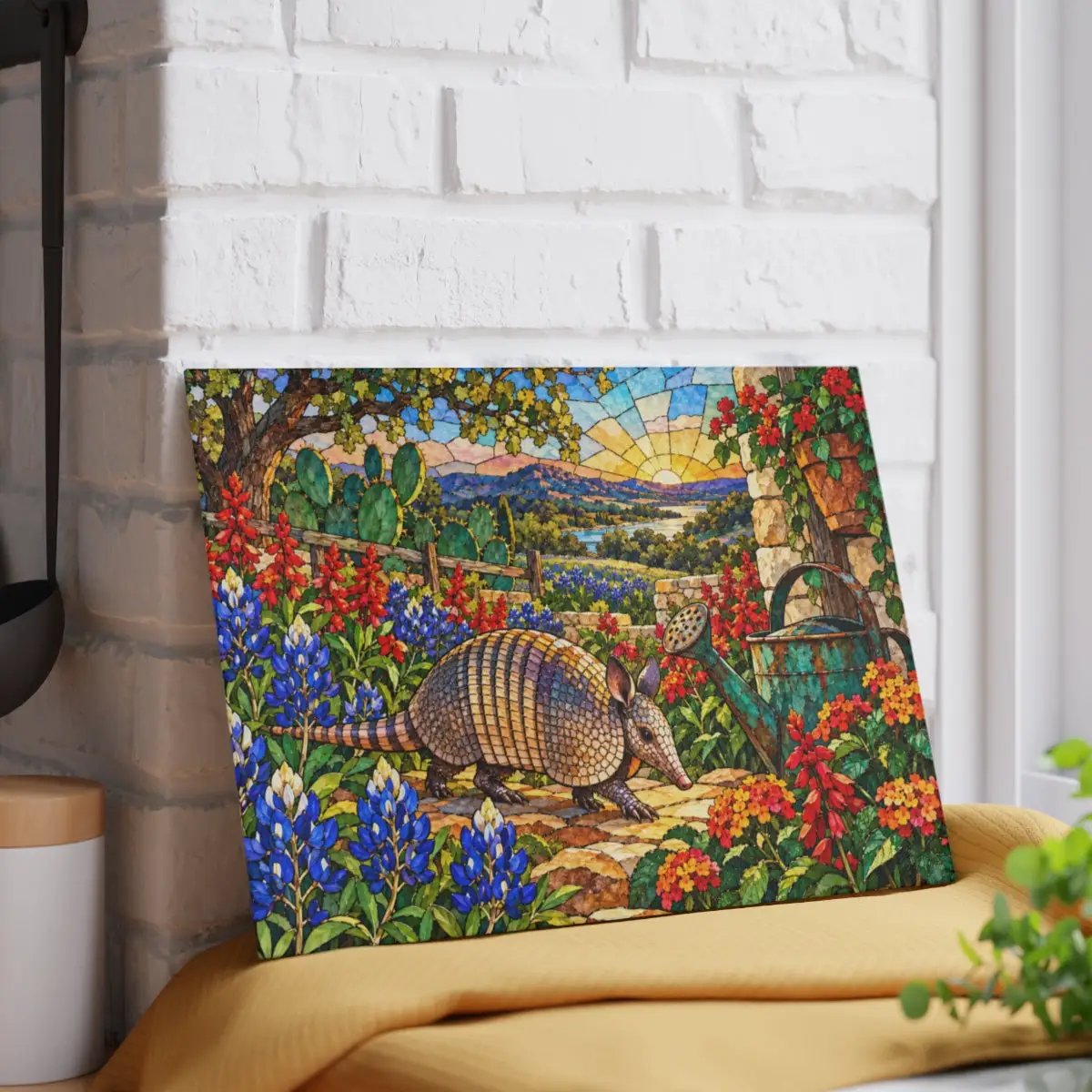 Texas Armadillo Glass Cutting Board, Stained Glass Bluebonnet Kitchen Decor, Colorful Lone Star State Gift