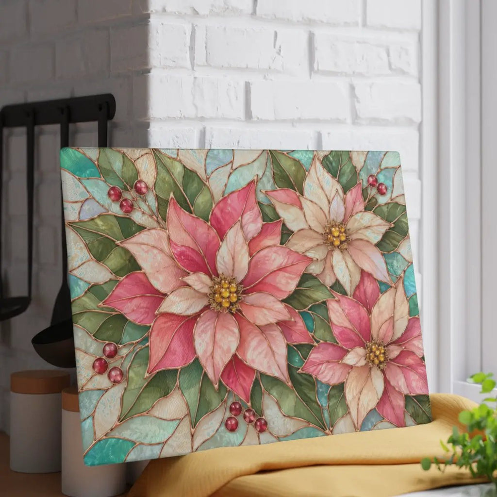 Pink Poinsettia Glass Cutting Board, Christmas Floral Kitchen Decor, Tempered Chopping Board, Holiday Hostess Gift, Serving Board for Home