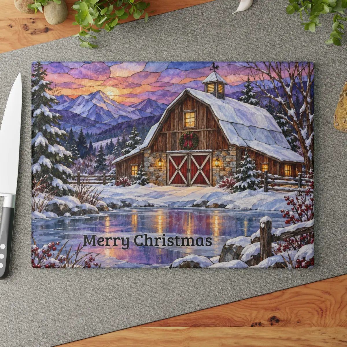 Evergreen Winter Barn Glass Cutting Board, Country Farmhouse Kitchen Decor, Snowy Mountain Barn Christmas Gift