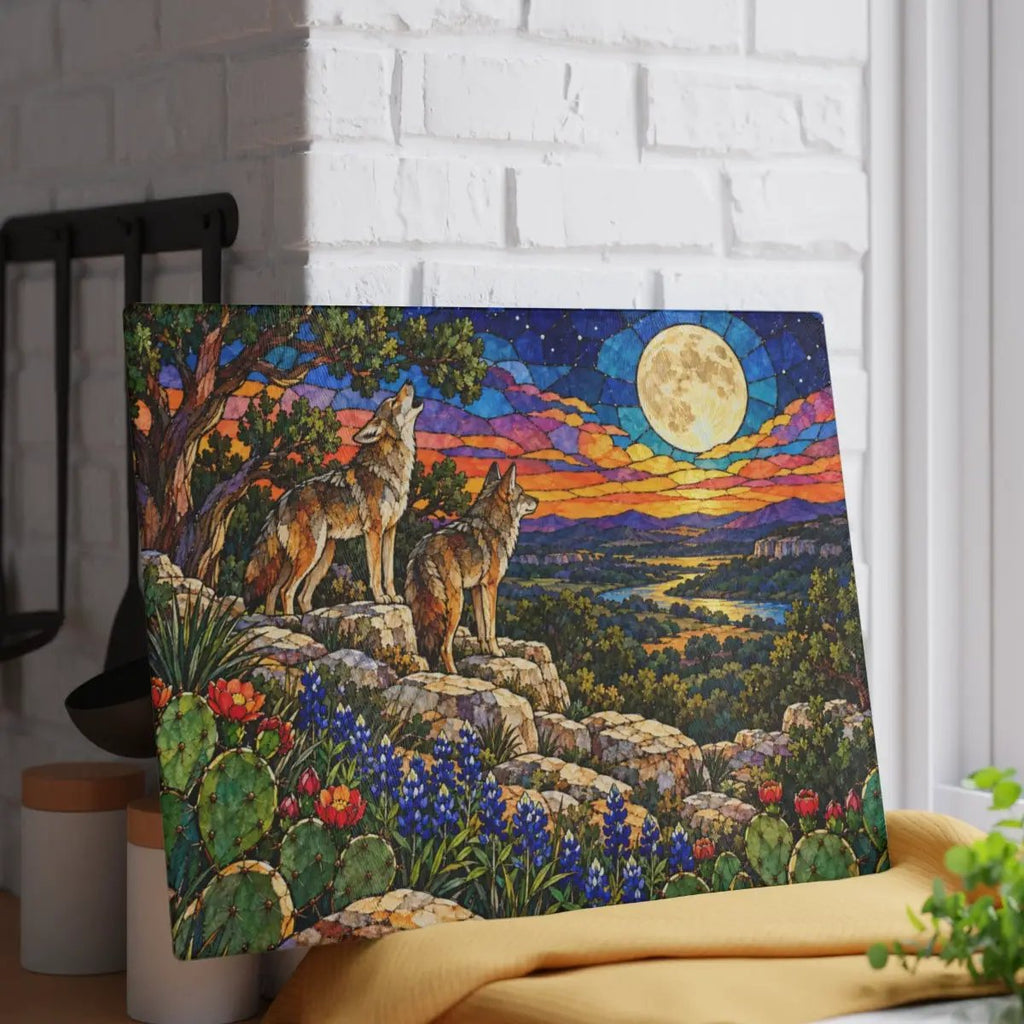 Texas Coyote Glass Cutting Board, Call of the Wild Moonlight Decor, Bluebonnet Kitchen Art, Western Wildlife Gift, Texas Kitchen Decor