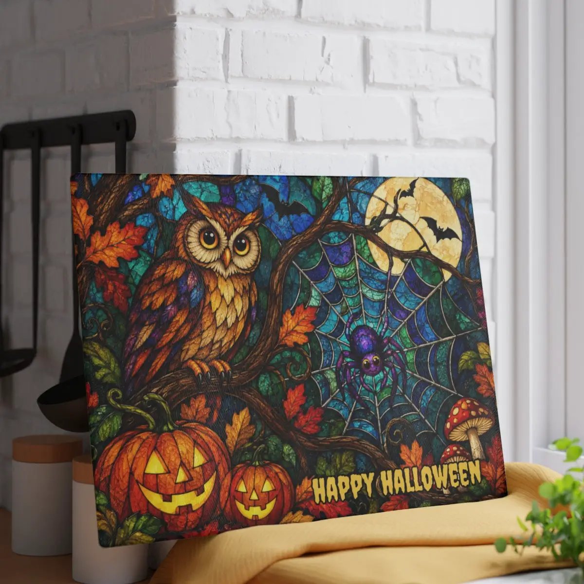 Halloween Owl Personalized Glass Cutting Board, Spooky Spider Kitchen Decor