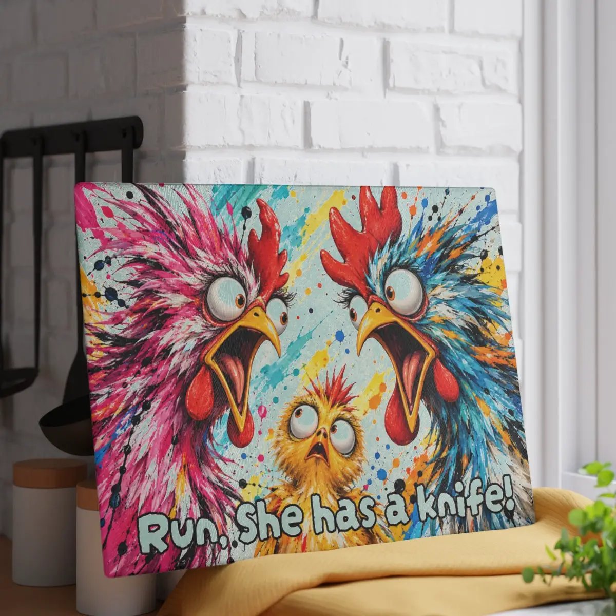 Funny Chicken Family Cutting Board, Screaming Chickens Kitchen Decor, Colorful Chicken Lover Gift, Farmhouse Decor