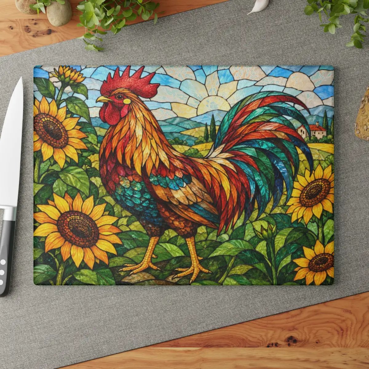 Rooster Glass Cutting Board, Sunflower Kitchen Decor, Colorful Farmhouse Rooster Art, Country Kitchen Gift, Stained Glass Farm Decor