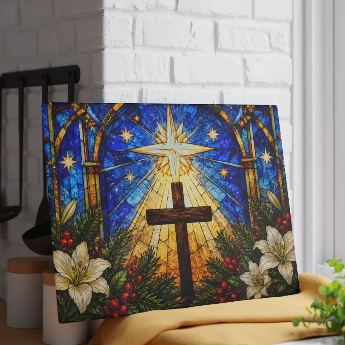 Christian Cross Glass Cutting Board, Stained Glass Christmas Decor, Religious Kitchen Gift, Star of Bethlehem Christian Gift