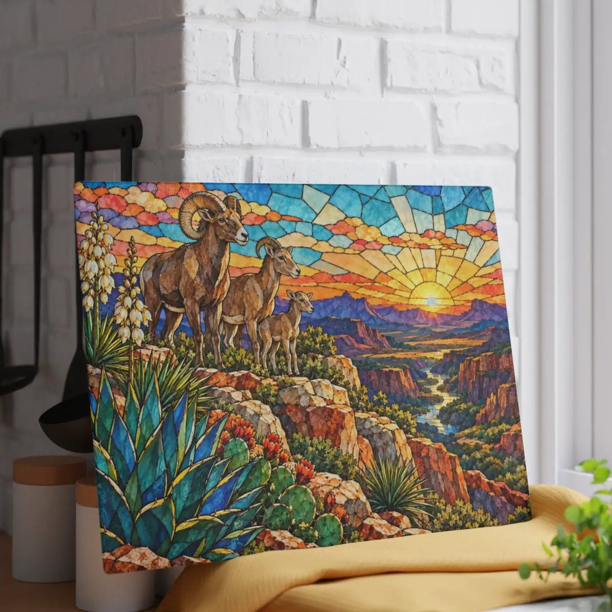 Bighorn Sheep Glass Cutting Board, Texas Wildlife Kitchen Decor, Stained Glass Desert Landscape, Southwestern Cutting Board, Wildlife Gift